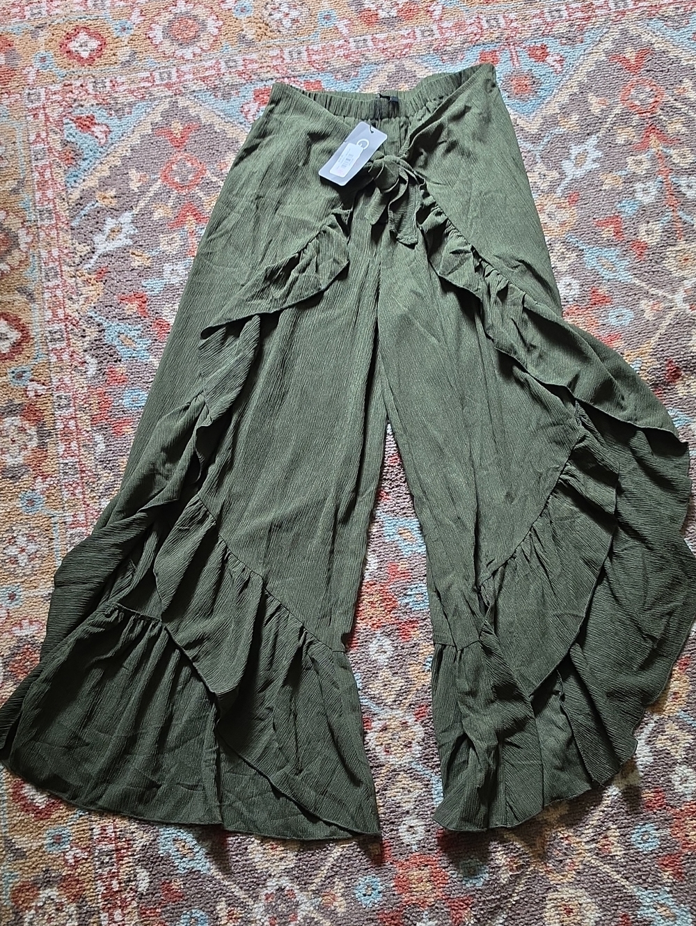 GiGiO Women's Olive Green Ruffle Wide-Leg Pants Size Medium